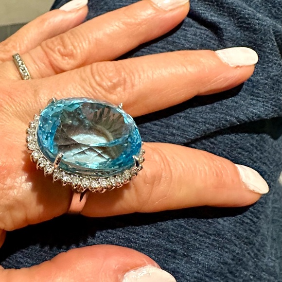 White Gold, London Blue Topaz with Diamonds Cocktail Ring - Picture 5 of 12